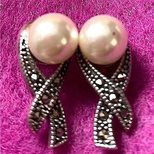 Sterling (925) Earrings w Freshwater Pearls & Marcasite stones w/ original backs